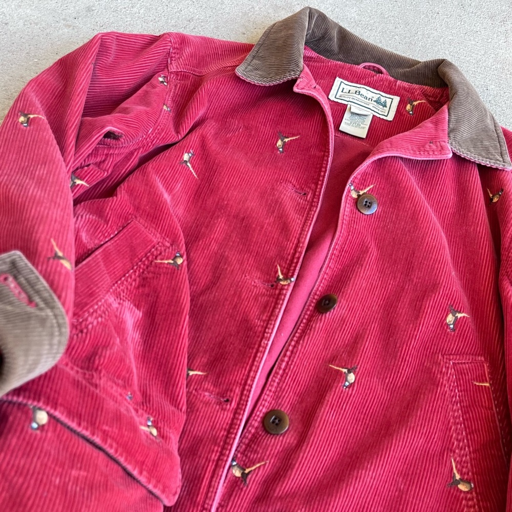 Vintage 90s LLbean corduroy red barn coat embroidered pheasant bird chore jacket - Picture 3 of 5